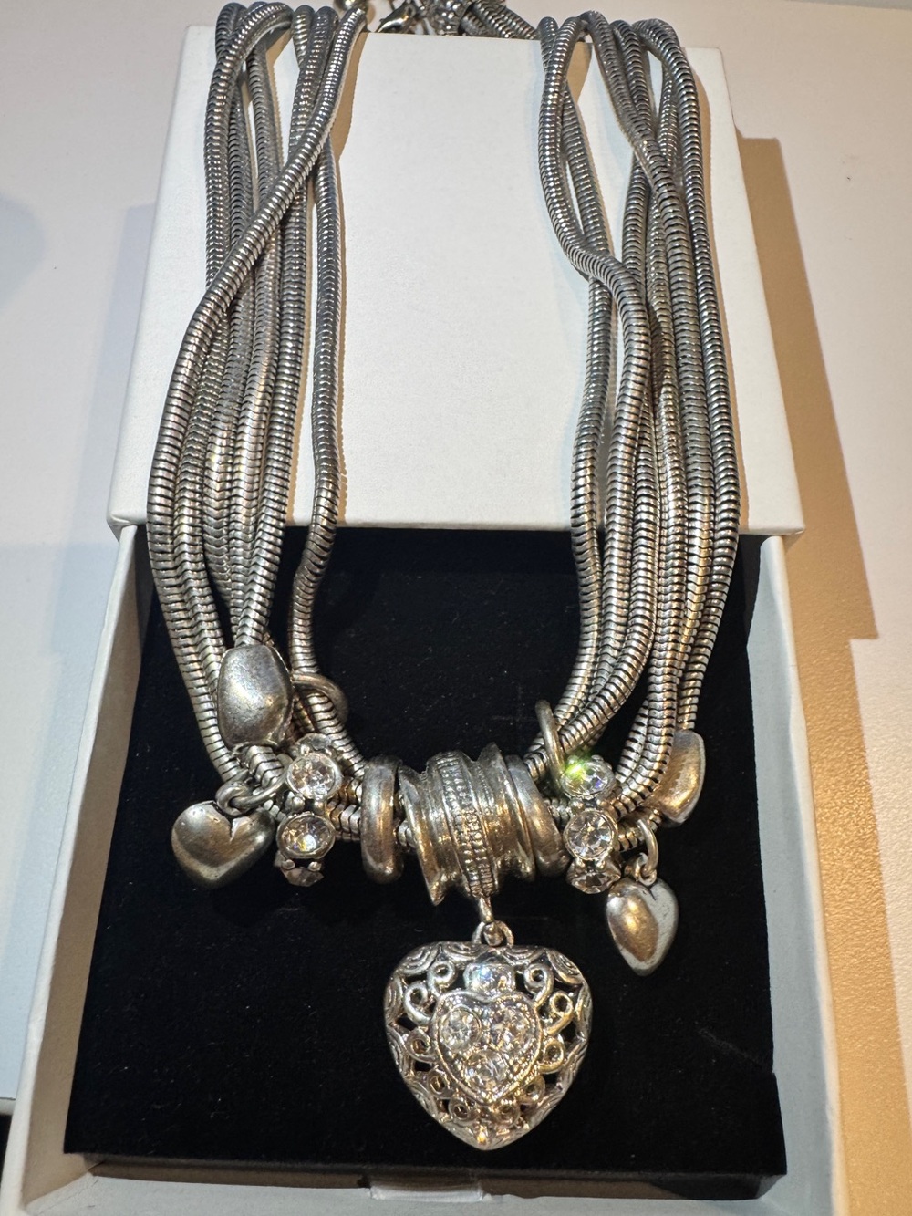 Vintage Multi-Strand Silver Heart Charm Necklace - Silver